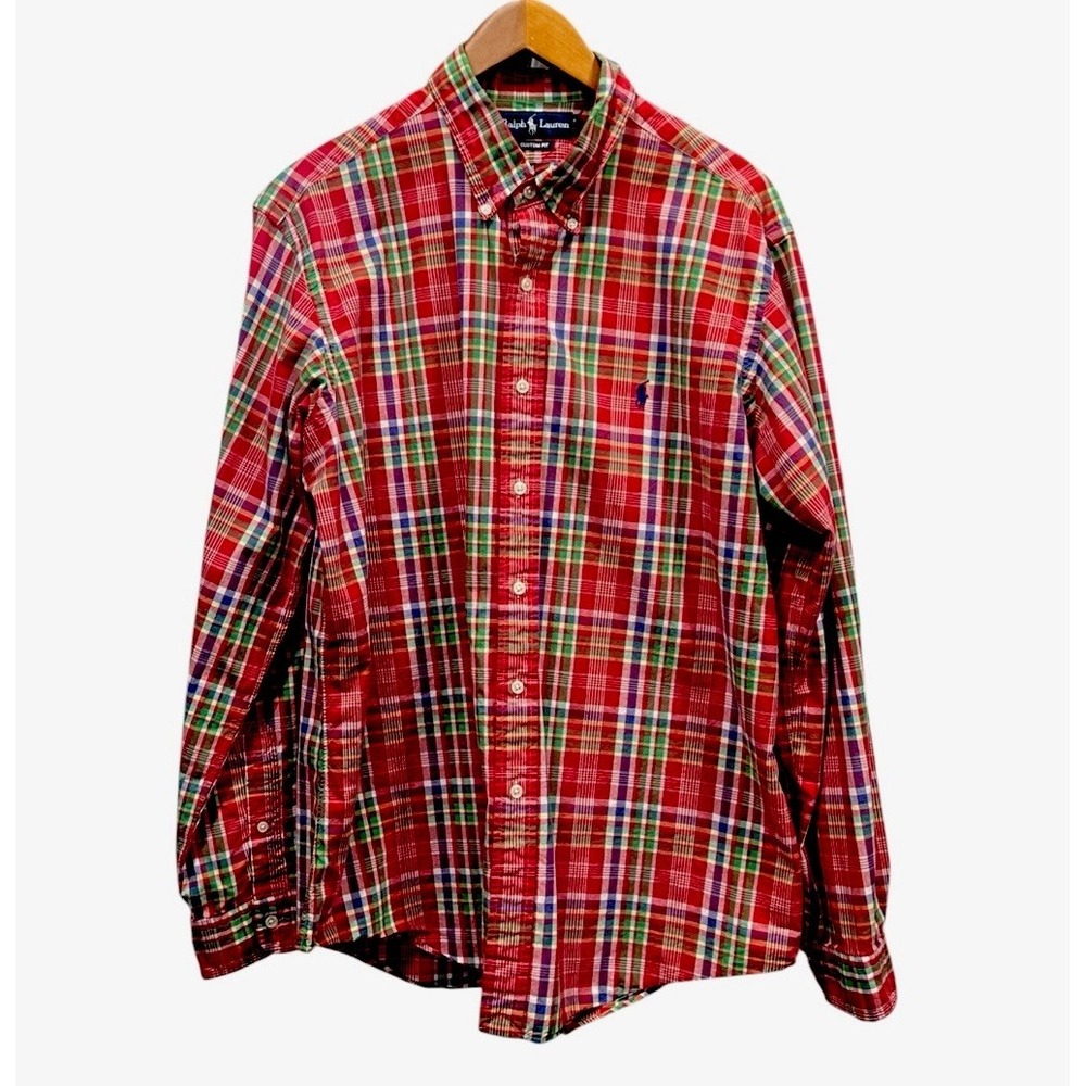 Ralph‎ Lauren Dress Shirt Men's Size XL Red Plaid Sleeve Custom Fit